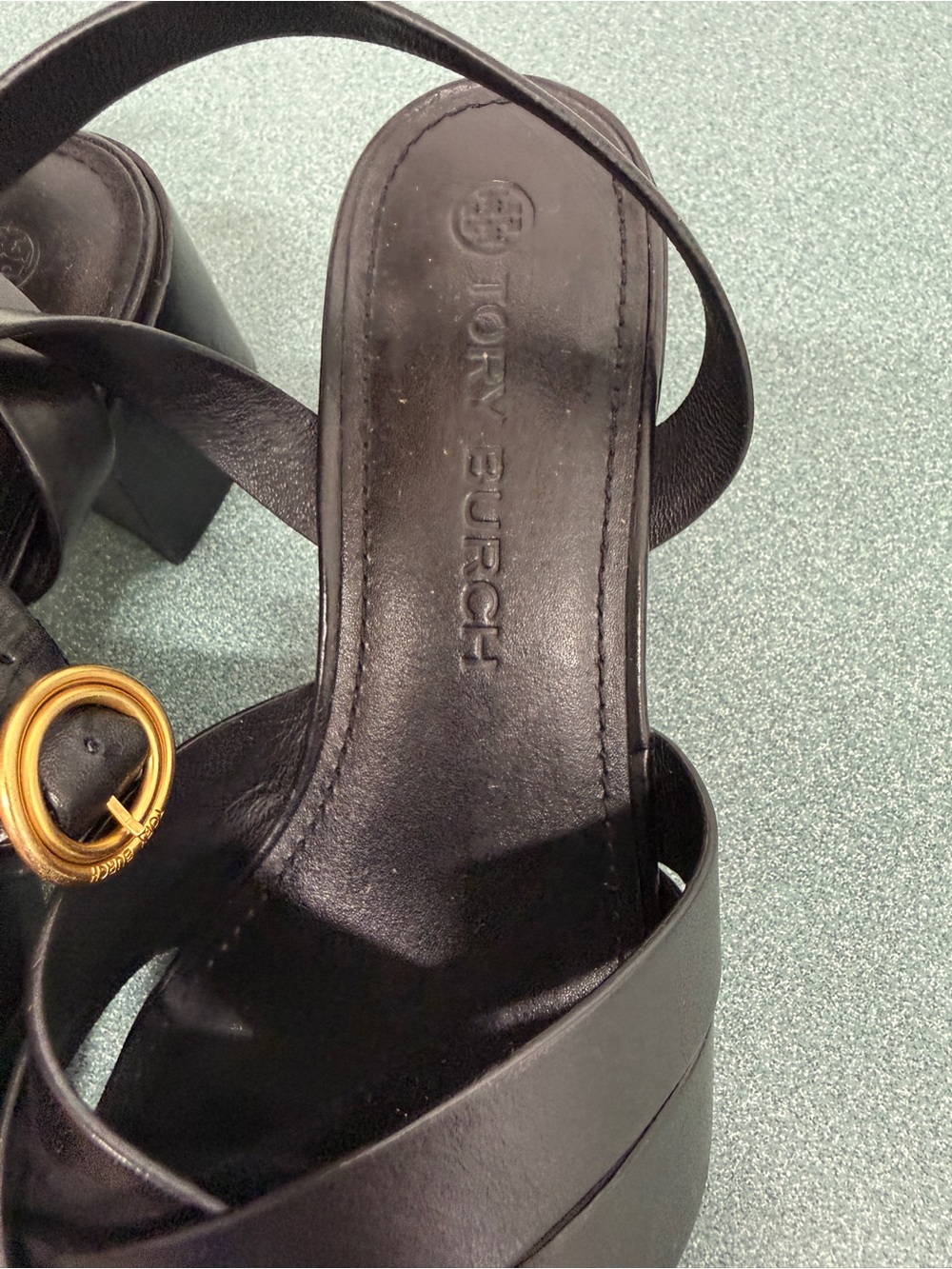 Tory Burch City Heel Ankle Strap Vachetta Leather Sandals Size 8 Perfect Black - Picture 11 of 16